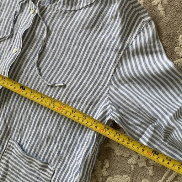 Tahari Blue Stripe Button Front Linen Shirt Hooded M nautical Lagenlook beach - Picture 6 of 10
